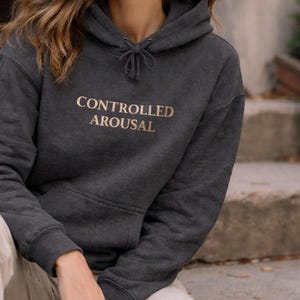 May include: A charcoal gray hoodie with the text "CONTROLLED AROUSAL" in gold lettering. The hoodie has a drawstring hood and long sleeves. The person is wearing light-colored pants and sitting on stone steps.