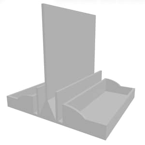 May include: A light gray desk organizer with multiple compartments. It features a tall, central divider, two trays, and a smaller compartment on the left. The design is simple and functional, suitable for office or home use.