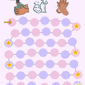 May include: A light purple poster with the text "Hand Wash Hero" at the top. The poster features illustrations of handwashing steps, a path of pink and purple circles, and star and crown icons.