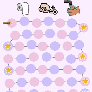 May include: A light purple chart titled "Toilet Champion Chart" with illustrations of a roll of toilet paper, a hand flushing a toilet, and a hand washing. The chart has pink and purple circles connected by lines.