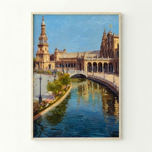 Puede incluir: Pintura al óleo de una ciudad europea con un canal. La obra presenta una torre alta, edificios arqueados, un puente y una vía fluvial que refleja la arquitectura. El cielo es azul brillante y la pintura está enmarcada.
