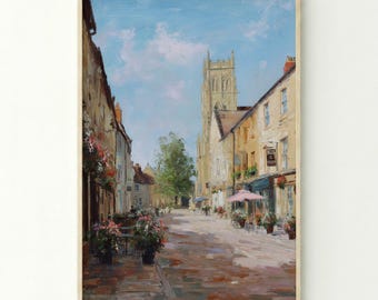 Cena de rua em Cirencester, pôster de viagem vintage para imprimir - Mercado inglês aconchegante, arte cottagecore, torre da igreja iluminada pelo sol. Baixe a decoração.