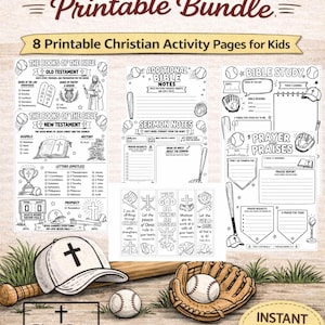 Puede incluir: Un paquete imprimible titulado "Baseball Faith" con páginas de actividades cristianas para niños. La imagen presenta gráficos con temática de béisbol, incluyendo una pelota, un guante, un bate y una gorra de béisbol con una cruz. El texto incluye "Descarga instantánea".