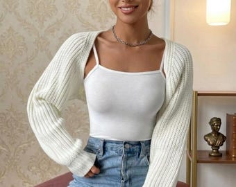 Kurze, gerippte Strickjacke Damen Offene Vorderseite Langarm Strick Bolero Shrug Leichter Schichtpullover