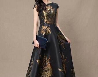 Elegantes Jacquard Maxikleid Damen | Vintage Taille-Cinching Abendkleid, ausgestelltes Bankett & Party Abendkleid