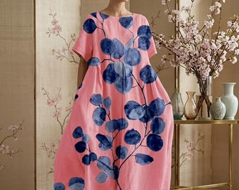 Cyan Blumen Maxi Kleid Frauen Lockere Passform Sommer Urlaub Party Outfit, Flowy Boho Langes Kleid
