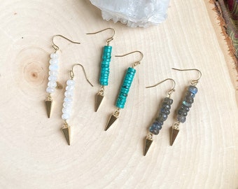 Gemstone Gold Point Earrings, Moonstone, Turquoise, Labradorite Earrings, Simple Boho Earrings