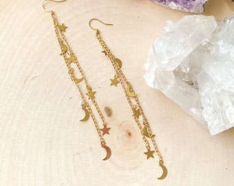 Moon & Stars Dangle Earrings, Crescent Moon Earrings, Celestial Earrings, Gold Star Earrings