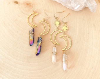 Crescent Moon Crystal Earrings, Aura Quartz Earring, Rainbow Quartz Earrings, Celestial Earrings