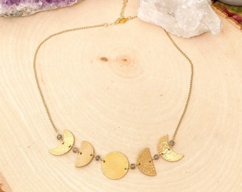 Brass Moon Phase Necklace, Celestial Necklace, Crescent Moon Necklace