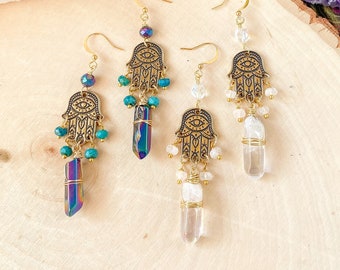 Gold Hamsa Hand Earrings with Aura Quartz or Rainbow Quartz