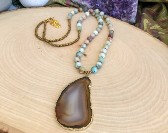 Amazonite & Natural Agate Pendant Necklace, Brown Agate Pendant, Beaded Gemstone Necklace
