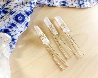 Quartz Crystal Hair Pins Set of 3,  Bridal Hair Pins, Bridal Hair Accessories, Boho Hair Pins, Crystal Hair Pin