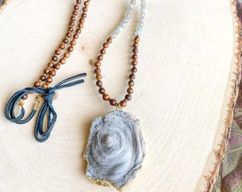 Druzy & Sandalwood Statement Necklace, Boho Statement Necklace, Druzy Pendant