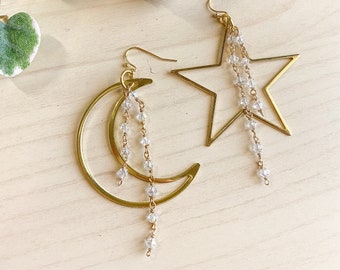Moon & Star Mismatched Earrings, Statement Earrings, Celestial Earrings, Boho Earrings