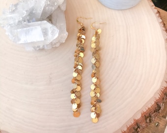 Brass Sequin Earrings, Long Sparkly Earrings, Glam Boho Earrings