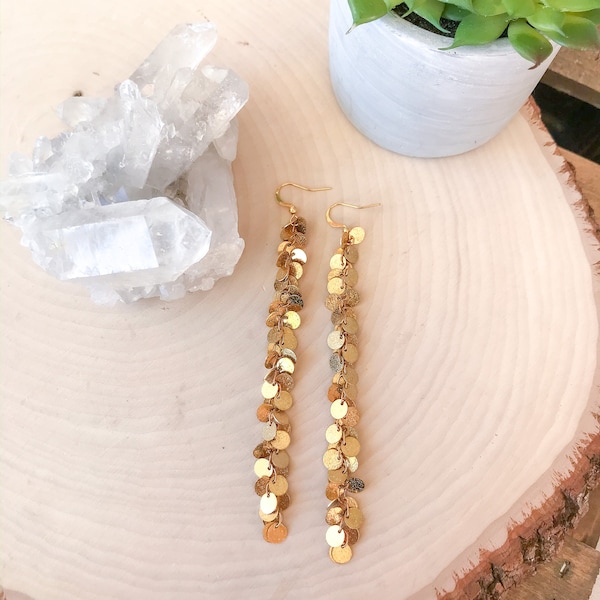 Brass Sequin Earrings, Long Sparkly Earrings, Glam Boho Earrings