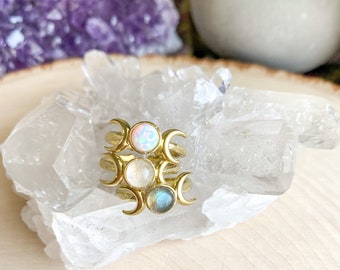 Moon Phase Adjustable Gemstone Ring, Moon Phase Ring, Celestial Ring, Labradorite, Moonstone, Opal