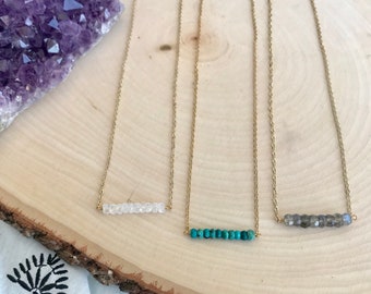Gemstone Bar Necklace in Turquoise, Moonstone, Labradorite / Gold or Silver plated chain