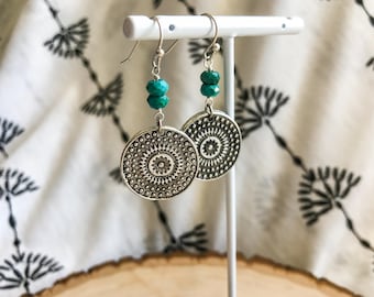 Antique Silver Disk Earrings with Turquoise