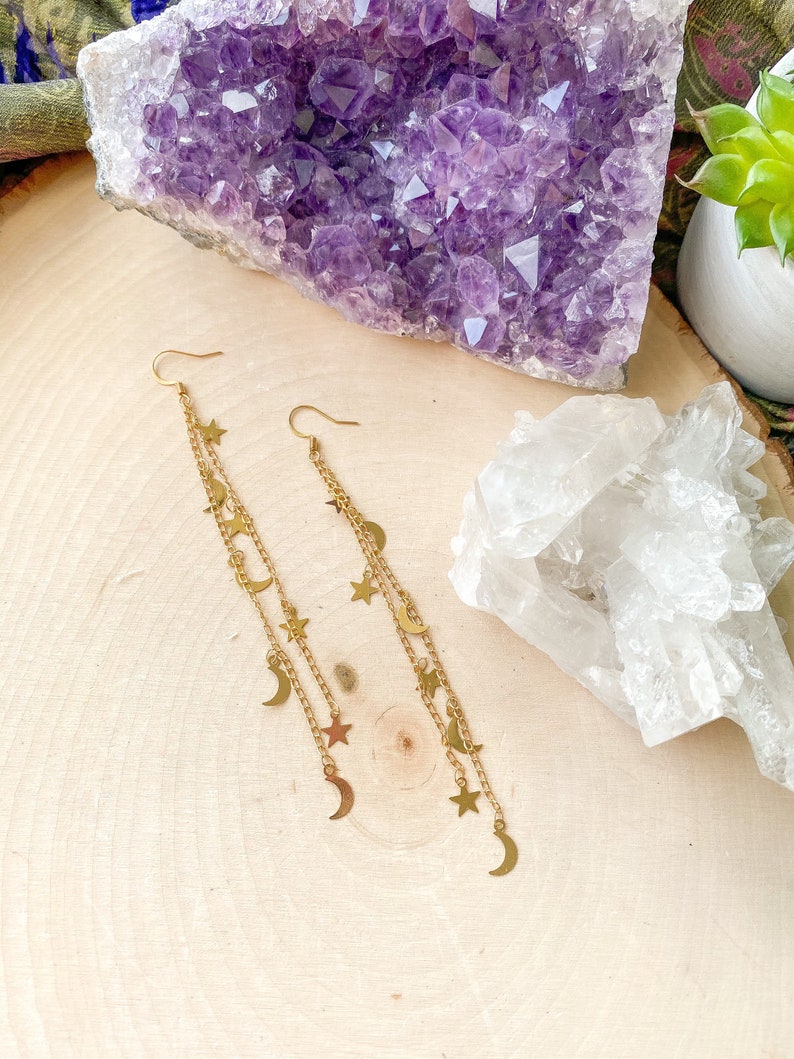 Moon & Stars Dangle Earrings, Crescent Moon Earrings, Celestial Earrings, Gold Star Earrings image 1