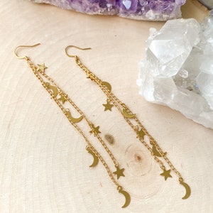 Moon & Stars Dangle Earrings, Crescent Moon Earrings, Celestial Earrings, Gold Star Earrings image 2