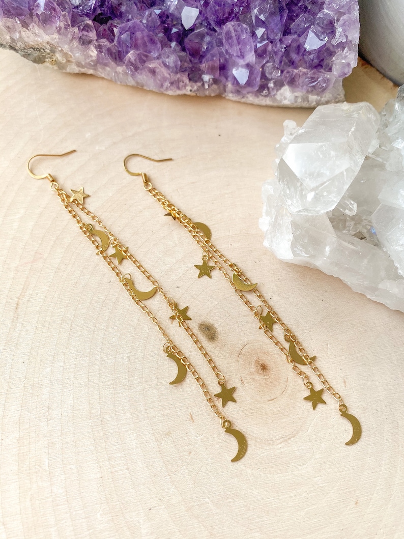 Moon & Stars Dangle Earrings, Crescent Moon Earrings, Celestial Earrings, Gold Star Earrings image 2