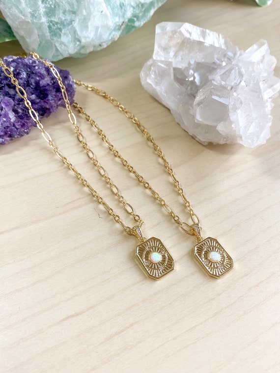 Opal Tag Pendant Necklace | Boho Opal Necklace | Celestial Opal Necklace
