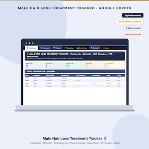 Puede incluir: Una pantalla de portátil muestra un "Male Hair Loss Treatment Tracker" en Google Sheets. El rastreador incluye secciones para el tratamiento, fotos, caída del cabello, efectos secundarios y resultados de sangre. El texto adicional incluye "Descarga digital" y "9 pestañas incluidas".