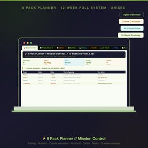 Può includere: Uno schermo di un laptop mostra un'interfaccia di un piano di fitness. Il testo recita "6 Pack Planner // Mission Control" e "12 Weeks to Visible Abs". Lo schermo mostra peso, circonferenza vita (84cm) e dati di allenamento.