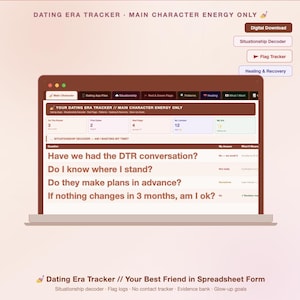 Può includere: Grafica scaricabile digitalmente di uno schermo di laptop che mostra un "Dating Era Tracker". Il tracker include sezioni per "Situationship Decoder", "Flag Tracker" e "Healing & Recovery". Il testo sullo schermo pone domande sulle relazioni.