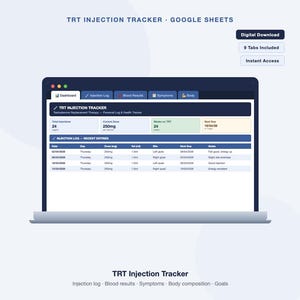 Puede incluir: Una pantalla de portátil muestra una hoja de cálculo de TRT Injection Tracker. La interfaz incluye secciones para registros de inyección, resultados de sangre y síntomas. El texto en la pantalla dice "Descarga digital" y "9 pestañas incluidas".
