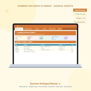 Op de afbeelding: Een digitale Zomervakantieplanner op een laptopscherm. De planner bevat secties voor weekplanning, budgettracking en activiteitideeën. Het scherm toont een voorbeeldweek met activiteitdetails. Inclusief 11 tabbladen en 50+ activiteitideeën.