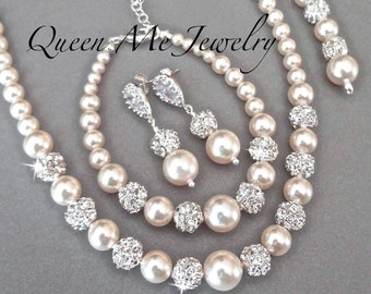 Pearl Wedding Jewelry SET with a Backdrop for a Bride, Bridesmaids Jewelry, Backdrop Necklace Bracelet AND Earrings, Bridal Jewelry. DESTINY