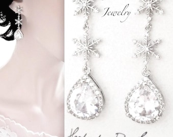 Snowflake Earrings for a Bride Winter Wedding Jewelry Dainty Cz Snow Flake Earrings Necklace Sterling Bridal Christmas Jewelry Gift for her