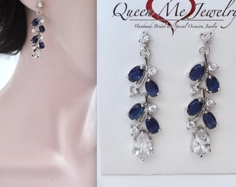 Sapphire Blue Cubic Zirconia Wedding Jewelry Set, Vine Leaf Earrings Bracelet