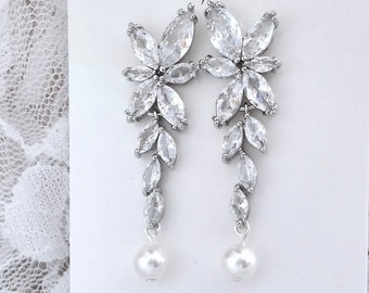 Cz Leaf Chandelier Earrings For a Wedding Bride Mother of the Bride Wide Top Pearl Drop Earrings Bridal Jewelry Birthday Gift for Her. LILLY