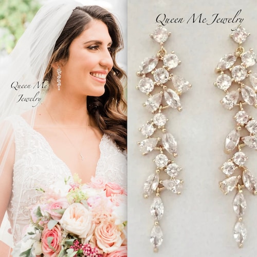 Dainty Wedding Jewelry Set Long Cz Earrings and Bracelet for a Etsy