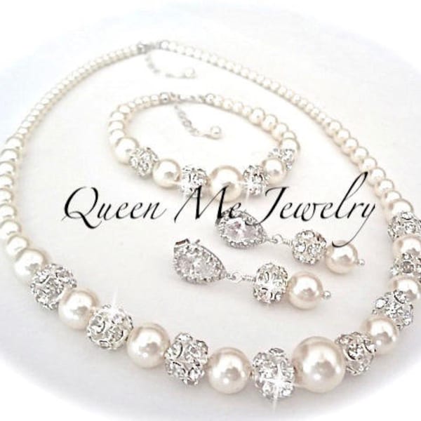 Pearl Jewelry SET for a Bride, Pearl Backdrop Necklace Bracelet Earrings, Bridesmaids Mother Wedding Bridal Jewelry GIFT. DESTINY