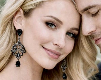 Black Crystal Chandelier Statement Earrings Victorian Teardrop Jet Gothic Boho Wedding Earrings EXOTIC Bridal Prom Jewelry Gift for Her