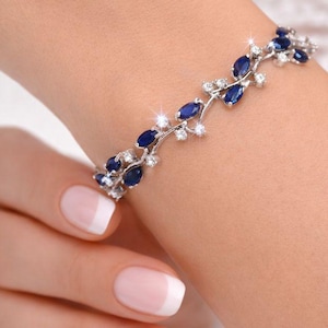 Navy Blue Sapphire Vine Cz Leaves Branches Bracelet Something Blue for a Bride Mother of the Bride Bridesmaids Wedding Bridal Bracelet. IVY