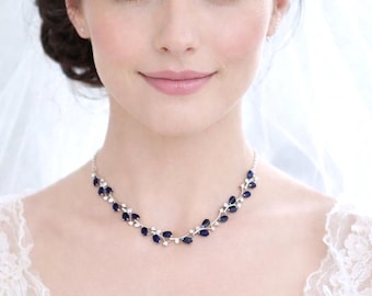 Sapphire Blue CZ Wedding Necklace, Vine Bridal Jewelry