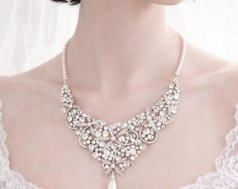 Pearl Jewelry SET, Crystal Bib Necklace AND Chandelier Earrings, Gift for a Bride, Statement Bridal Wedding Jewelry.