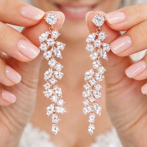 Clip on Wedding Earrings for a Bride Long Crystal Chandelier Cz Leaf Vine Earrings Bracelet Dainty Bridal Jewelry Set Gift for her. LILLY