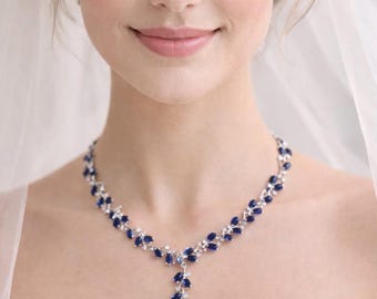 Navy Sapphire Blue Cz Vine and Branches Wedding Necklace For a Bride Mother of the Bride Bridesmaids Something Blue Bridal Jewelry, Full IVY