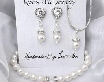 Dainty Pearl Jewelry SET Heart Earrings Necklace Bracelet for a Flower Girl First Communion Junior Bridesmaid  Little Girl Birthday Wedding