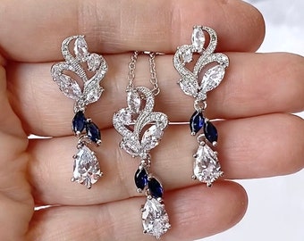 Dainty Cz Leaf Navy Blue Sapphire Earrings Necklace for a Wedding Bride Bridesmaids Mother of the Bride Bridal Jewelry Gift Set, LILLY BLUE