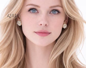 Halo Crystal Stud Earrings for a Bride Champagne Wedding Earrings Silk Light Silk Bridesmaids Earrings Bridal Jewelry GIFT for Her. SOPHIA
