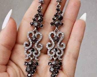 Black Crystal Statement Earrings, Victorian Gothic Chandelier Wedding Earrings Gray Jet Black Bridal Jewelry Gift