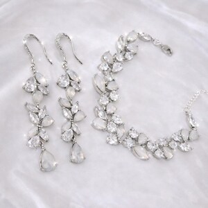 White Opal Wedding Earrings and Bracelet for a Bride Something Cz Blue Opal Chandelier Leaf Vine Earrings Bridal Jewelry Set. LILLY BLUES